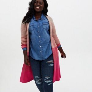 Torrid Women's Plus Pink Beige Ombre Stripe Slouchy Duster Sweater, 2 (18-20)